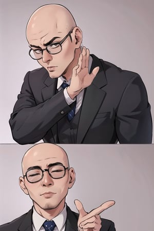 Highly detailed, High Quality, Masterpiece, beautiful, DrakePostingMeme, 2koma, , ded1, photo of ohwx man, (wearing tailored suit),(wearing glasses), best quality, high resolution, beautiful lighting, textured skin, imperfect skin, blonde, bald,perfect,