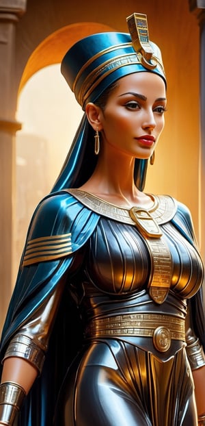  UPPER body, queen Nefertiti of Ancient Egypt wearing a shirt with the text "pua" written on it, Holding a sword can in hand, Posing as The statue of liberty, ancient Egypt theme , warm ancient Egyptian atmosphere but in ancient Egypt City , realistic , detailed, ancient Egyptian costumes,Background in Egypt castle ,,smile, (oil shiny skin:1.0), (big_boobs:2.6), willowy, chiseled, (hunky:2.4),(( body rotation 35 degree)), (upper body:0.8),(perfect anatomy, prefecthand, dress, long fingers, 4 fingers, 1 thumb), 9 head body lenth, dynamic sexy pose, breast apart, (artistic pose of awoman),chrometech