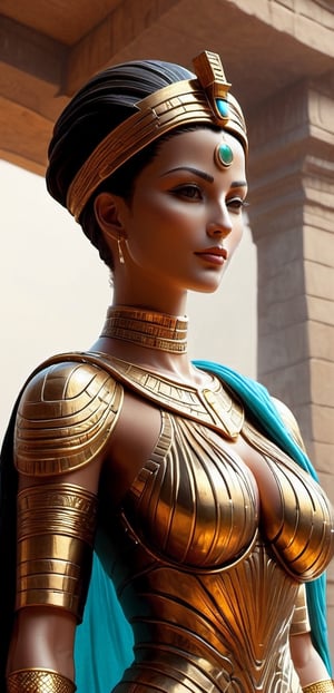  UPPER body, queen Nefertiti of Ancient Egypt wearing a shirt with the text "pua" written on it, Holding a sword can in hand, Posing as The statue of liberty, ancient Egypt theme , warm ancient Egyptian atmosphere but in ancient Egypt City , realistic , detailed, ancient Egyptian costumes,Background in Egypt castle ,,smile, (oil shiny skin:1.0), (big_boobs:2.6), willowy, chiseled, (hunky:2.4),(( body rotation 35 degree)), (upper body:0.8),(perfect anatomy, prefecthand, dress, long fingers, 4 fingers, 1 thumb), 9 head body lenth, dynamic sexy pose, breast apart, (artistic pose of awoman),chrometech,Obsidian_Gold