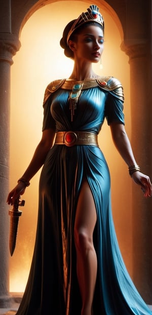 queen Nefertiti of Ancient Egypt wearing a shirt with the text "pua" written on it, Holding a sword can in hand, Posing as The statue of liberty, ancient Egypt theme , warm ancient Egyptian atmosphere but in ancient Egypt City , realistic , detailed, ancient Egyptian costumes,Background in Egypt castle ,,smile, (oil shiny skin:1.0), (big_boobs:2.6), willowy, chiseled, (hunky:2.4),(( body rotation 35 degree)), (upper body:0.8),(perfect anatomy, prefecthand, dress, long fingers, 4 fingers, 1 thumb), 9 head body lenth, dynamic sexy pose, breast apart, (artistic pose of awoman),abyssaltech ,dissolving,abyss,DonMChr0m4t3rr4XL ,chrometech,surface imperfections,DonMM00m13sXL,Strong Backlit Particles,DissolveSdxl0,ValentineTech