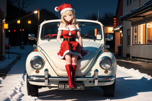 (absurdres, highres, ultra detailed, high resolution:1.1), 1girl, solo, kawaii, smile, medium breasts, blonde hair, long hair, blue eyes, santa, red beret, red bow ribbon, red gloves, red dress, red boots, santa girl costume, christmas, holy night, christmas decorations, christmas night, snow falling, snowy scene, ((santa girl driving an old red convertible car)), red volkswagen type1 cabriolet, (convertible car roof is open), nice hands, perfect hands,