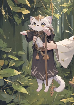 Masterpiece, High detailed,  More Detail, perfecteyes,  Fantasy world,  Dungeons & Dragons, (furry: 1.3), cute, adorable, white fur, fantasy, more detail XL, basic forest background, masterpiece, perfect light, two character, full body, old robe, Wooden Staff, old Traveler's Clothes, IncrsLcmSolo, a human holding a catlike druid up from behind, cat, full body,