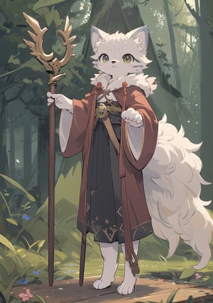 Masterpiece, High detailed,  More Detail, perfecteyes,  Fantasy world,  Dungeons & Dragons, (furry: 1.3), cute, adorable, white fur, fantasy, more detail XL, basic forest background, masterpiece, perfect light, (two character), full body, old robe, Wooden Staff, old Traveler's Clothes, IncrsLcmSolo, (a character holding a catlike druid up from behind), cat, full body,IncrsLcmSolo,full body