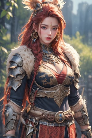 busty and sexy girl, 8k, masterpiece, ultra-realistic, best quality, high resolution, high definition,The character’s outfit includes elements of animal print, feathers, and accessories that resemble bones or teeth. The intricate detailing on the clothing and armor indicates a high level of craftsmanship in the design, a warrior or tribal figure