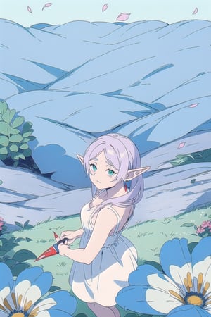 8k, ultra sharp, masterpiece, best quality, aesthetic, Glamour, High quality, Masterpiece, Best quality, HD, Extremely detailed, voluminetric lighting,
((detailed eyes, sad:0.9))

barefoot. Japanese forest full of blue flowers , (lying on her back on the flowers blue:1.2),(point of view from above:1.8), Blue morning glory flowers, 

 petals falling and flying around her, Sunny with shade, in the morning.

 High resolution, good detail, bright colors. ,illustration,fcloseup,portrait,rgbcolor,

grey_hair, loose hair, elf, pointy_ears, long hair, green_eyes, small_breasts, white_dress, simple strap dress, (small breasts:.9), (red_earrings:1.2), showing shoulders, 
,Frieren,CryingAsagiriAya