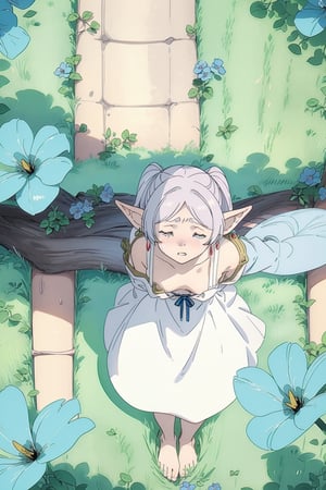 8k, ultra sharp, masterpiece, best quality, aesthetic, Glamour, High quality, Masterpiece, Best quality, HD, Extremely detailed, voluminetric lighting,
((cloused eyes, sad:1.1))

barefoot. Japanese forest full of blue flowers , (lying on her back on the flowers blue:1.2),(point of view from above:1.8), Blue morning glory flowers, 

 petals falling and flying around her, Sunny with shade, in the morning.

 High resolution, good detail, bright colors. ,illustration,portrait,rgbcolor,

grey_hair, loose hair, elf, pointy_ears, (white dress1.1)ong hair, simple strap dress, small breasts, (red_earrings:1.2), showing shoulders, 
,Frieren,CryingAsagiriAya, closed eyes,pastelbg