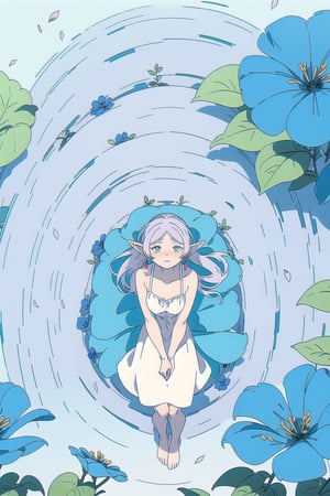 8k, ultra sharp, masterpiece, best quality, aesthetic, Glamour, High quality, Masterpiece, Best quality, HD, Extremely detailed, voluminetric lighting,
((detailed eyes, sad:0.9))

barefoot. Japanese forest full of blue flowers , (lying on her back on the flowers blue:1.2),(point of view from above:1.8), Blue morning glory flowers, 

 petals falling and flying around her, Sunny with shade, in the morning.

 High resolution, good detail, bright colors. ,illustration,fcloseup,portrait,rgbcolor,

grey_hair, loose hair, elf, pointy_ears, long hair, green_eyes, small_breasts, white_dress, simple strap dress, small_breasts, (red_earrings:1.2), showing shoulders, 
,Frieren,CryingAsagiriAya