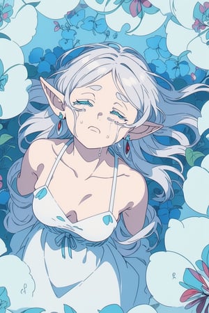 8k, ultra sharp, masterpiece, best quality, aesthetic, Glamour, High quality, Masterpiece, Best quality, HD, Extremely detailed, voluminetric lighting,
((cloused eyes, sad:1.1))

barefoot. Japanese forest full of blue flowers , (lying on her back on the flowers blue:1.2),(point of view from above:1.8), Blue morning glory flowers, 

 petals falling and flying around her, Sunny with shade, in the morning.

 High resolution, good detail, bright colors. ,illustration,fcloseup,portrait,rgbcolor,

grey_hair, loose hair, elf, pointy_ears, long hair, green_eyes, small_breasts, white_dress, simple strap dress, (small breasts:1.3), (red_earrings:1.2), showing shoulders, 
,Frieren,CryingAsagiriAya, closed eyes