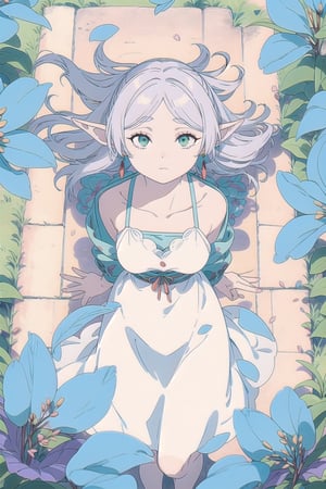 8k, ultra sharp, masterpiece, best quality, aesthetic, Glamour, High quality, Masterpiece, Best quality, HD, Extremely detailed, voluminetric lighting,
((big eyes, detailed eyes, perfect eye, sad,one tear:.9))


 barefoot. Japanese forest full of blue flowers , (lying on her back on the ground:1.2),(point of view from above:1.8)

 petals falling and flying around her, Sunny with shade, in the morning.

 High resolution, good detail, bright colors. ,illustration,fcloseup,portrait,rgbcolor,

grey_hair, loose hair, elf, pointy_ears, long_hair, green_eyes, small_breasts, white_dress, simple strap dress, small_breasts, (red_earrings:1.2), showing shoulders
,Frieren