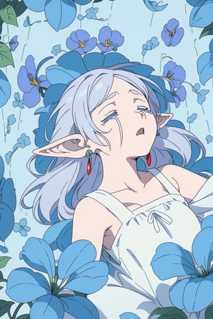 8k, ultra sharp, masterpiece, best quality, aesthetic, Glamour, High quality, Masterpiece, Best quality, HD, Extremely detailed, voluminetric lighting,
((cloused eyes, sad:0.9))

barefoot. Japanese forest full of blue flowers , (lying on her back on the flowers blue:1.2),(point of view from above:1.8), Blue morning glory flowers, 

 petals falling and flying around her, Sunny with shade, in the morning.

 High resolution, good detail, bright colors. ,illustration,fcloseup,portrait,rgbcolor,

grey_hair, loose hair, elf, pointy_ears, long hair, green_eyes, small_breasts, white_dress, simple strap dress, (small breasts:.9), (red_earrings:1.2), showing shoulders, 
,Frieren,CryingAsagiriAya, closed eyes