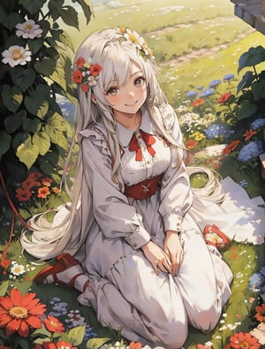 masterpiece, top quality, 1 girl, smiling with mouth open, sitting sideways, sitting on ground, looking up at sky, white dress, red ribbon, flower garden, flowers blooming, high definition, striking light, composition from below, portrait, wide shot, backlight, focus on feet,best quality, (garden:1.2),niji6,nodf_lora,FFIXBG