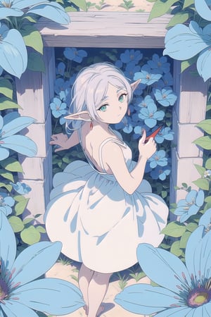 8k, ultra sharp, masterpiece, best quality, aesthetic, Glamour, High quality, Masterpiece, Best quality, HD, Extremely detailed, voluminetric lighting,
((detailed eyes, sad:0.9))

barefoot. Japanese forest full of blue flowers , (lying on her back on the flowers blue:1.2),(point of view from above:1.8), Blue morning glory flowers, 

 petals falling and flying around her, Sunny with shade, in the morning.

 High resolution, good detail, bright colors. ,illustration,fcloseup,portrait,rgbcolor,

grey_hair, loose hair, elf, pointy_ears, long_hair, green_eyes, small_breasts, white_dress, simple strap dress, small_breasts, (red_earrings:1.2), showing shoulders, 
,Frieren