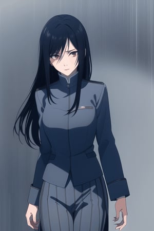 girl walking to school, sexy uniform, long hair, rainy weather, red eyes, black hair, slender body, thunder background, magical creatures in the background