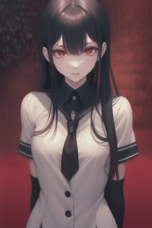 girl walking to school, sexy uniform, long hair, rainy weather, red eyes, black hair, slender body, thunder background, magical creatures in the background