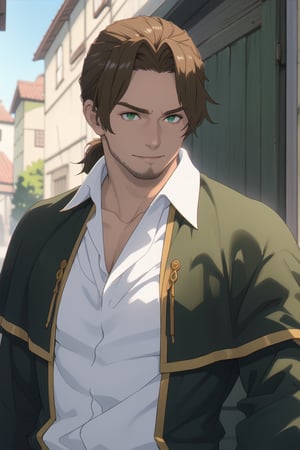 solo male, Sein \(Frieren: Beyond Journey's End\), priest, brown hair, low ponytail, parted bangs, thin hair, stubble, green eyes, white collared shirt, (shirt white hems, untucked shirt:1.3), (dark coat with a golden accent, dark capelet, dark sleeves:1.1), open coat, (portrait, close-up, headshot), slight smile, mature, handsome, charming, alluring, perfect anatomy, perfect proportions, best quality, masterpiece, high_resolution, dutch angle, photo background, old city