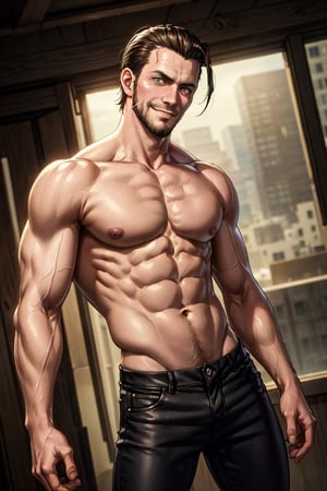 solo male, Kenny Ackerman, Attack on Titan Anime style, brown hair, hair slicked back, grey eyes, sideburns, thin beard along jawline, complete, ((topless, shietless)), black pants, athletic build, middle-age, mature, handsome, charming, alluring, evil smirk, standing, upper body, perfect anatomy, perfect proportions, best quality, masterpiece, high_resolution, dutch angle, cowboy shot, photo background