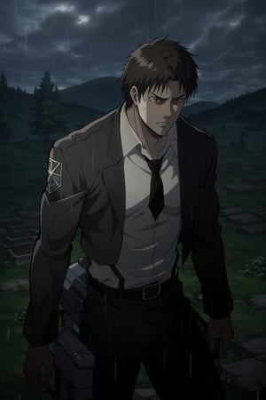 solo male, Artur Braus, Attack on Titan Anime style, shaggy brown hair, brown eyes, sideburns, stubble, white collared shirt, black necktie, black jacket, close jacket, long sleeves, black pants, middle-age, mature, handsome, charming, alluring, standing, upper body, perfect anatomy, perfect proportions, best quality, masterpiece, high_resolution, dutch angle, cowboy shot, photo background, green field graveyard, rainy, sad, haggard
