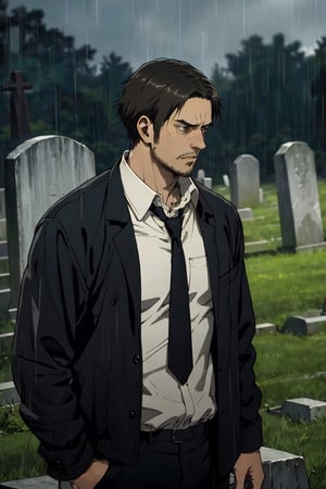 solo male, Artur Braus, shaggy brown hair, brown eyes, sideburns, stubble, pure white collared shirt, black necktie, (simple black jacket), (close jacket, buttoned up jacket:1.5), long sleeves, black pants, middle-age, mature, handsome, charming, alluring, standing, upper body, perfect anatomy, perfect proportions, best quality, masterpiece, high_resolution, cowboy shot, photo background, green field graveyard, rainy, sad, haggard, calm, front view
, aot style,aot style