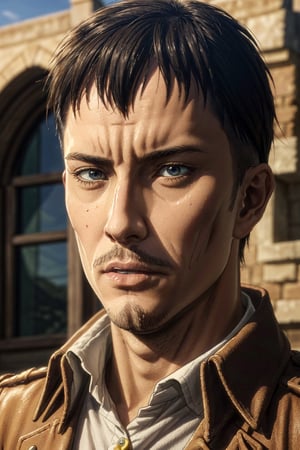 (1 image only), solo male, 1boy, Nile Dok, Attack on Titan, lean, facial hair, light goatee, dark brown eyes, black hair, short hair, paradis military uniform, white collared shirt, handsome, mature, charming, alluring, upper body in frame, perfect anatomy, perfect proportions, 8k, HQ, (best quality:1.2, hyperrealistic:1.2, photorealistic:1.2, masterpiece:1.3, madly detailed photo:1.2), (hyper-realistic lifelike texture:1.2, realistic eyes:1.2), high_resolution, perfect eye pupil, dutch angle,Nile Dok 