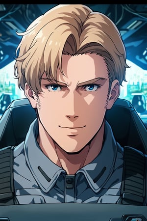 score_9,score_8_up,score_7_up, solo male, (anime:1.2), Lewis Smith, (blond hair), short hair, blue eyes, sideburns, (grey pilot jumpsuit, grey sleeves), (black tactical vest), mecha cockpit, (close-up, headshot:1.5), from front, mature, handsome, charming, alluring, (masculine, manly, hunk, beefy:1.3), intense eyes, v-shaped eyebrows, smile, look at viewer, sitting, huge industrial mecha, mecha cockpit, operator's seat, throttle, joystick, seatbelt, multiple monitor screen, perfect anatomy, perfect proportions, best quality, masterpiece, high_resolution, (symmetrical picture, front view:1.5), photo background, science fiction, mecha, multiple monitors, cinematic, war, mecha, robot, cinematic still, emotional, harmonious, vignette, bokeh, cinemascope, moody, epic, gorgeous, city ruins, inside the mecha 
