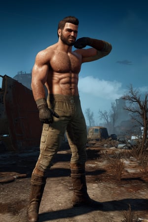 solo male, realistic, Paladin Danse, Fallout 4, short hair, warm black hair, light brown eyes, beard, (topless, shirtless, bare neck, bare shoulders, bare arms, bare chest, bare belly), orange-gray Brotherhood of Steel uniform, orange-gray bodysuit, gloves, boots, mature, handsome, charming, alluring, standing, upper body, perfect anatomy, perfect proportions, best quality, masterpiece, high_resolution, dutch angle, cowboy shot, photo background, ruined overhead interstate, Fallout 4 location, post-apocalyptic ruins, desolated landscape, dark blue sky