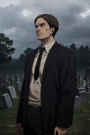 solo male, Artur Braus, Attack on Titan Anime style, shaggy brown hair, brown eyes, sideburns, stubble, white collared shirt, black necktie, (simple black jacket, close jacket, buttoned jacket), long sleeves, black pants, middle-age, mature, handsome, charming, alluring, standing, upper body, perfect anatomy, perfect proportions, best quality, masterpiece, high_resolution, cowboy shot, photo background, green field graveyard, rainy, sad, haggard, calm, front view
