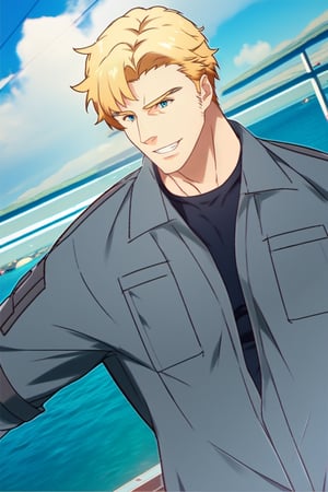 score_9,score_8_up,score_7_up, (solo male), Lewis Smith, (blond hair), short hair, blue eyes, (((black/grey pilot jumpsuit, gray pilot jumpsuit, grey sleeves, unbuttoned jumpsuit)), black undershirt, upperbody, handsome, charming, alluring, grin, (mature male, masculine, tone body), standing, (cowboy shot, dutch angle), perfect anatomy, perfect proportions, best quality, masterpiece, high_resolution, dutch angle, photo background, science fiction, mecha, cinematic still, emotional, harmonious, bokeh, cinemascope, moody, epic, gorgeous, on flight deck of aircraft carrier, ocean, blue sky, day, outdoor, 