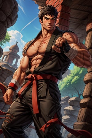 solo male, Grappler, Dungeon Fighter Online, black hair, short hair, brown eyes, thick eyebrows, forked eyebrows, stubble, green eyes, scars on face, scar on cheek, scar on chest, pectorals, pectoral cleavage, rn black dougi, black pants, red martial arts belt, yellow fingerless gloves, barefoot, bandaged hand, toned male, mature, masculine, hunk, handsome, charming, alluring, blush, shy, serious, fighting stance, upper body, perfect anatomy, perfect proportions, ((perfect eyes, perfect, parfect fingers)), best quality, masterpiece, high_resolution, dutch angle, cowboy shot, photo background, (looking outside)