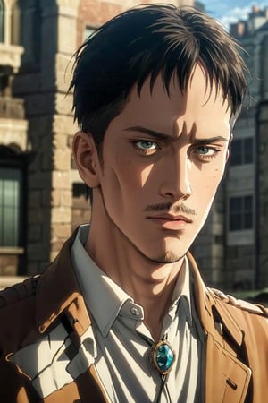 (1 image only), solo male, 1boy, Nile Dok, Attack on Titan, lean, facial hair, light mustache, light goatee, dark brown eyes, black hair, short hair, paradis military uniform, white collared shirt, handsome, mature, charming, alluring, upper body in frame, perfect anatomy, perfect proportions, 8k, HQ, (best quality:1.2, hyperrealistic:1.2, photorealistic:1.2, masterpiece:1.3, madly detailed photo:1.2), (hyper-realistic lifelike texture:1.2, realistic eyes:1.2), high_resolution, perfect eye pupil, dutch angle,Nile Dok 