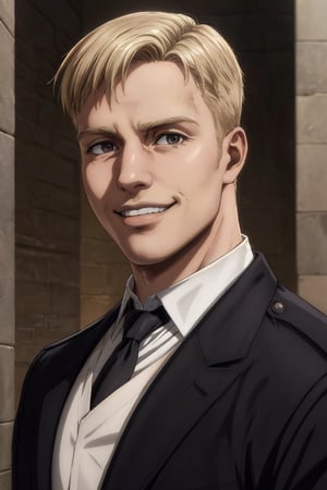 solo male, Colt Grice, blond hair, light hazel eyes, tall, Marleyan soldier uniform, (white collar, shirt, black necktie:1.2), light trench coat, light pants, tall combat boots, handsome, charming, alluring, thin smile, standing, (portrait, headshot, close-up:1.3), perfect anatomy, perfect proportions, best quality, masterpiece, high_resolution, dutch angle, photo background, medieval italian city wide avenue, day, high building, multiple floor townhouse