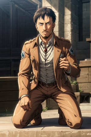 (1 image only), solo male, 1boy, Nile Dok, Attack on Titan, lean, facial hair, light mustache, light goatee, dark brown eyes, black hair, short hair, white collared shirt, green military trench coat, bolo tie, white pants, black kneel high tall boot, handsome, mature, charming, alluring, full body in frame, perfect anatomy, perfect proportions, 8k, HQ, (best quality:1.2, hyperrealistic:1.2, photorealistic:1.2, masterpiece:1.3, madly detailed photo:1.2), (hyper-realistic lifelike texture:1.2, realistic eyes:1.2), high_resolution, perfect eye pupil, dutch angle,Nile Dok 