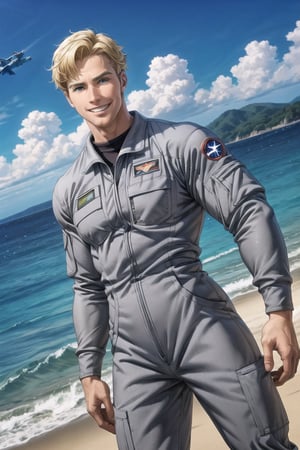 solo male, Lewis Smith \(Bang Brave Bang Bravern\), blond hair, short hair, blue eyes, (((grey pilot jumpsuit, gray pilot  jumpsuit, grey sleeves))), black boots, mature, handsome, charming, alluring, grin, standing, upper body, perfect anatomy, perfect proportions, best quality, masterpiece, high_resolution, dutch angle, cowboy shot, photo background, on aircraft carrier, ocean, sky, muscular, beefy