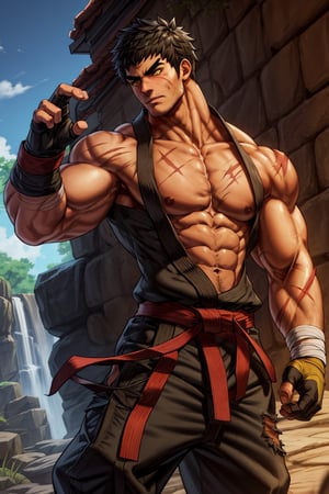solo male, Grappler, Dungeon Fighter Online, black hair, short hair, brown eyes, thick eyebrows, forked eyebrows, stubble, green eyes, scars on face, scar on cheek, scar on chest, pectorals, pectoral cleavage, rn black dougi, black martial arts pants, red martial arts belt, yellow fingerless gloves, barefoot, bandaged hand, toned male, mature, masculine, hunk, handsome, charming, alluring, blush, shy, clothes down, undressing,upper body, perfect anatomy, perfect proportions, ((perfect eyes, perfect, parfect fingers)), best quality, masterpiece, high_resolution, dutch angle, photo background