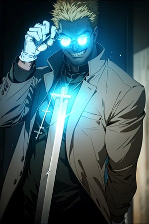 solo male, Alexander Anderson, Hellsing, Catholic priest, short silver-blond hair, green eyes, tanned skin, defined squared jaw, light facial hair, wedge-shaped scar on left cheek, (face in shadow, backlight), round glasses, (opaque glasses, glowing glasses:1.7), black clerical collar shirt with blue trim, black trousers, black boot, (grey coat, open coat:1.2), white gloves, silver cross necklace, (single cross, accurate cross:1.2), mature, middle-aged, imposing, tall, handsome, charming, alluring, (crazy eyes, evil grin:1.3) upper body, perfect anatomy, perfect proportions, best quality, masterpiece, high_resolution, dutch angle, cowboy shot, photo background, Vatican City, indoor, fighting stance, (dual wielding, holding swords, 2swords),  