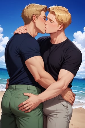 score_9,score_8_up,score_7_up, (two men, couple, duo:1.5), homo, bara, (kiss:1.5), hand on waist, looking at viewer, Lewis Smith and Isami Ao, black undershirt , short sleeves, green pants, grey pants, perfect anatomy, perfect proportions, best quality, masterpiece, high_resolution, dutch angle, cowboy shot, photo background, on flight deck of aircraft, day, blue sky, ocean, look at each other, (perfect hands)