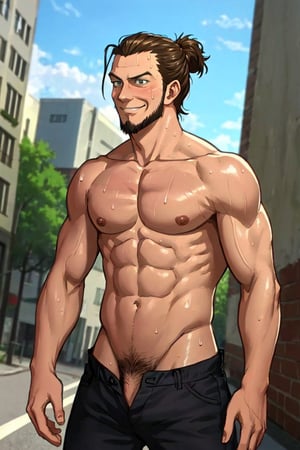 solo male, Kenny Ackerman, Attack on Titan Anime style, brown hair, hair slicked back, grey eyes, sideburns, thin beard along jawline, complete, topless, shietless, black pants, athletic build, middle-age, mature, handsome, charming, alluring, smirk, standing, upper body, perfect anatomy, perfect proportions, best quality, masterpiece, high_resolution, dutch angle, cowboy shot, photo background, pubic hair, sweaty shiny skin