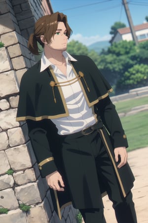 solo male, Sein \(Frieren: Beyond Journey's End\), priest, brown hair, low ponytail, parted bangs, thin hair, stubble, green eyes, white collared shirt, (shirt white hems, untucked shirt:1.3), dark coat with a golden accent, dark capelet, dark sleeves, black pants, black footwear. open coat, mature, handsome, charming, alluring, standing, upper body, perfect anatomy, perfect proportions, best quality, masterpiece, high_resolution, dutch angle, cowboy shot, photo background,Sein