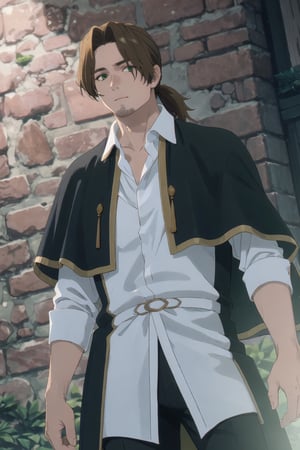solo male, Sein \(Frieren: Beyond Journey's End\), priest, brown hair, low ponytail, parted bangs, thin hair, stubble, green eyes, white collared shirt, (shirt white hems, untucked shirt:1.3), (dark coat with a golden accent), dark capelet, dark sleeves, black pants, black footwear. open coat, mature, handsome, charming, alluring, standing, upper body, perfect anatomy, perfect proportions, best quality, masterpiece, high_resolution, dutch angle, cowboy shot, photo background, old city