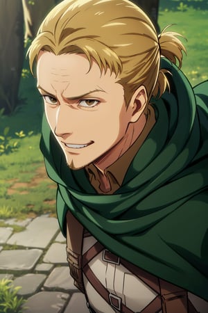 solo male, Eld Gin, Attack on Titan, blond hair, middle parting hair, single hair bun, brown eyes, sideburns, thin goatee, Scout Regiment uniform, white shirt underneath, brown jacket, white pants, green cloak, three-dimensional maneuver gear, mature, handsome, charming, alluring, (portrait, close-up), smile, perfect anatomy, perfect proportions, best quality, masterpiece, high_resolution, dutch angle, photo background, AttackonTitan