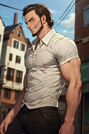 solo male, Kenny Ackerman, Attack on Titan Anime style, brown hair, hair slicked back, grey eyes, sideburns, thin beard along jawline, complete, topless, shietless, black pants, athletic build, middle-age, mature, handsome, charming, alluring, smirk, standing, upper body, perfect anatomy, perfect proportions, best quality, masterpiece, high_resolution, dutch angle, cowboy shot, photo background