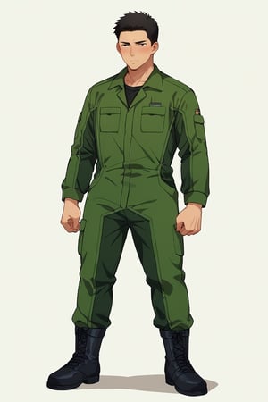 score_9, score_8_up, score_7_up, score_6_up, (solo, male focus), Isami Ao, black hair, (short hair, neat hair, bare forehead), brown eyes, (sanpaku, constricted pupils), black undershirt, green pilot jumpsuit, black boots, full body,  standing, perfect face, perfect mouth, perfect eyes, toned body, muscular, blush, look away, unhappy, arrogant, despise, simple background, white background 