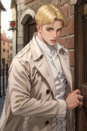 solo male, Colt Grice, blond hair, light hazel eyes, tall, Marleyan soldier uniform, (white collar shirt, light trench coat, open coat, light pants), tall combat boots, young, handsome, charming, alluring, standing, (portrait, headshot, close-up:1.3), perfect anatomy, perfect proportions, best quality, masterpiece, high_resolution, dutch angle, photo background, medieval italian city wide avenue, day, high building, multiple floor townhouse,masterpiece,1boy