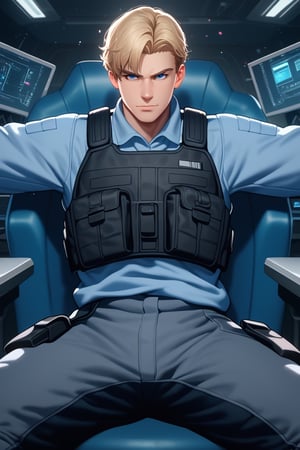 score_9, score_8_up, score_7_up, solo male, Lewis Smith, blond hair, short hair, sideburns, blue eyes, grey pilot jumpsuit, grey sleeves, (black tactical vest), grey tactical gloves, (black neck guard), black tactical pants, mature, handsome, charming, alluring, masculine, manly, hunk, serious, intense eyes, v-shaped eyebrows, smirk, look at viewer, (outstretched arms, outstretched legs), (full body, feet out of frame), symmetrical picture, front view, (hand palm down, holdings throttles:1.1), (sitting in tiny mecha cockpit), inside the mecha, operator's seat, throttle, joystick, seatbelt, multiple monitor screen, perfect anatomy, perfect proportions, best quality, masterpiece, high_resolution, dutch angel, cowboy shot, photo background, science fiction, multiple monitors, robot, cinematic still, emotional, harmonious, bokeh, moody, epic, gorgeous, emphasis lines