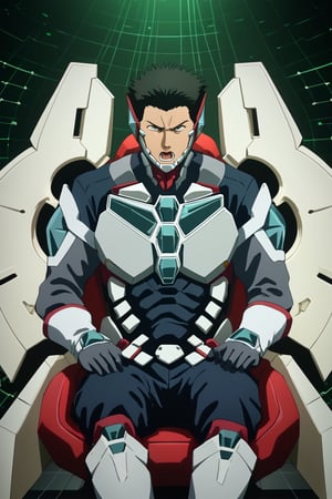 score_9,score_8_up,score_7_up, solo male, Isami Ao \(Brave Bang Bravern\), black hair, (spiked hair, medium hair, bangs, hair between eyes), brown eyes, sanpaku, constricted pupils, Bang Bravern bodysuit, Mandible Guard, mecha cockpit, (upperbody), from front, mature, handsome, charming, alluring, masculine, serious, intense eyes, v-shaped eyebrows, open mouth, shout, look at viewer, sitting, huge industrial mecha, mecha cockpit, operator's seat, throttle, joystick, seatbelt, multiple monitor screen, perfect anatomy, perfect proportions, best quality, masterpiece, high_resolution, (symmetrical picture, front view), photo background, science fiction, mecha, multiple monitors, cinematic, war, mecha, robot, cinematic still, emotional, harmonious, vignette, bokeh, cinemascope, moody, epic, gorgeous, inside the mecha