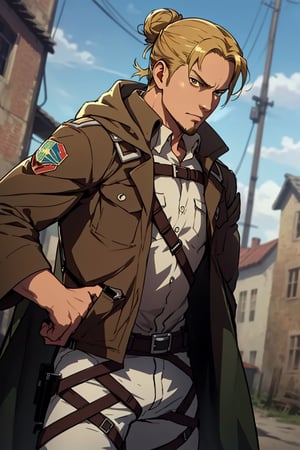 solo male, Eld Gin, Attack on Titan, blond hair, middle parting hair, single hair bun, brown eyes, sideburns, thin goatee, Scout Regiment uniform, white shirt underneath, brown jacket, green cloak, white pants, knee boots, three-dimensional maneuver gear, mature, handsome, charming, alluring, standing, upper body, perfect anatomy, perfect proportions, best quality, masterpiece, high_resolution, dutch angle, cowboy shot, photo background