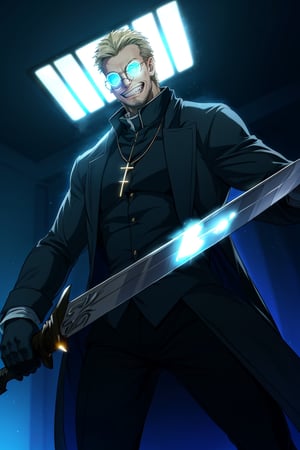 solo male, Alexander Anderson, Hellsing, Catholic priest, short silver-blond hair, green eyes, tanned skin, defined squared jaw, light facial hair, wedge-shaped scar on left cheek, (face in shadow, backlight), round glasses, (opaque glasses, glowing glasses:1.7), black clerical collar shirt with blue trim, black trousers, black boot, (grey coat, open coat:1.2), white gloves, silver cross necklace, (single cross, accurate cross:1.2), mature, middle-aged, imposing, tall, handsome, charming, alluring, (crazy eyes, evil grin:1.3) upper body, perfect anatomy, perfect proportions, best quality, masterpiece, high_resolution, dutch angle, cowboy shot, photo background, Vatican City, indoor, fighting stance, (dual wielding, holding swords, 2swords), perfect hands, perfect fingers 