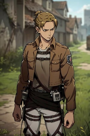 solo male, Eld Gin, Attack on Titan, blond hair, middle parting hair, single hair bun, brown eyes, sideburns, thin goatee, Scout Regiment uniform, white shirt underneath, brown jacket, white pants, knee boots, three-dimensional maneuver gear, mature, handsome, charming, alluring, standing, upper body, perfect anatomy, perfect proportions, best quality, masterpiece, high_resolution, dutch angle, cowboy shot, photo background,AttackonTitan
