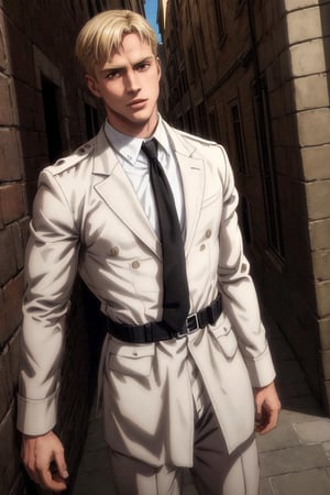 solo male, Colt Grice, blond hair, light hazel eyes, tall, Marleyan soldier uniform, (white collar, shirt, black necktie:1.2), light trench coat, light pants, tall combat boots, handsome, charming, alluring, standing, (portrait, headshot, close-up:1.3), perfect anatomy, perfect proportions, best quality, masterpiece, high_resolution, dutch angle, photo background, medieval italian city wide avenue, day, high building, multiple floor townhouse