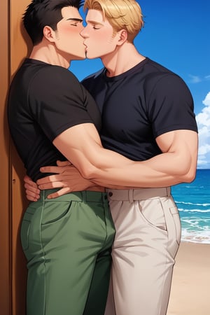 score_9,score_8_up,score_7_up, (two men, couple, duo:1.5), homo, bara, (kiss:1.5), hand on waist, looking at viewer, Lewis Smith and Isami Ao, black undershirt , short sleeves, green pants, grey pants, perfect anatomy, perfect proportions, best quality, masterpiece, high_resolution, dutch angle, cowboy shot, photo background, on flight deck of aircraft, day, blue sky, ocean, look at each other, (perfect hands)