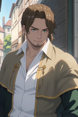 solo male, Sein \(Frieren: Beyond Journey's End\), priest, brown hair, low ponytail, parted bangs, thin hair, stubble, green eyes, white collared shirt, (shirt white hems, untucked shirt:1.3), (dark coat with a golden accent), dark capelet, dark sleeves, open coat, (portrait, close-up, headshot), slight smile, mature, handsome, charming, alluring, perfect anatomy, perfect proportions, best quality, masterpiece, high_resolution, dutch angle, photo background, old city